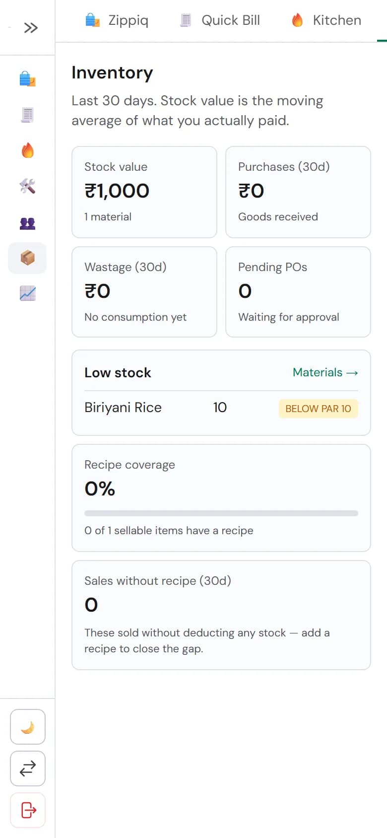 Inventory dashboard with stock value and a low-stock alert