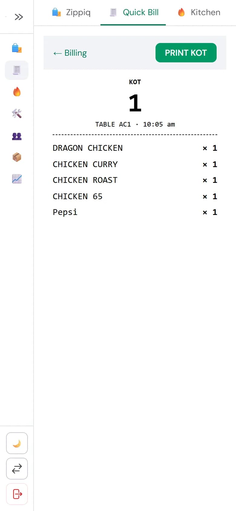 Kitchen order ticket with the token number and every item billed