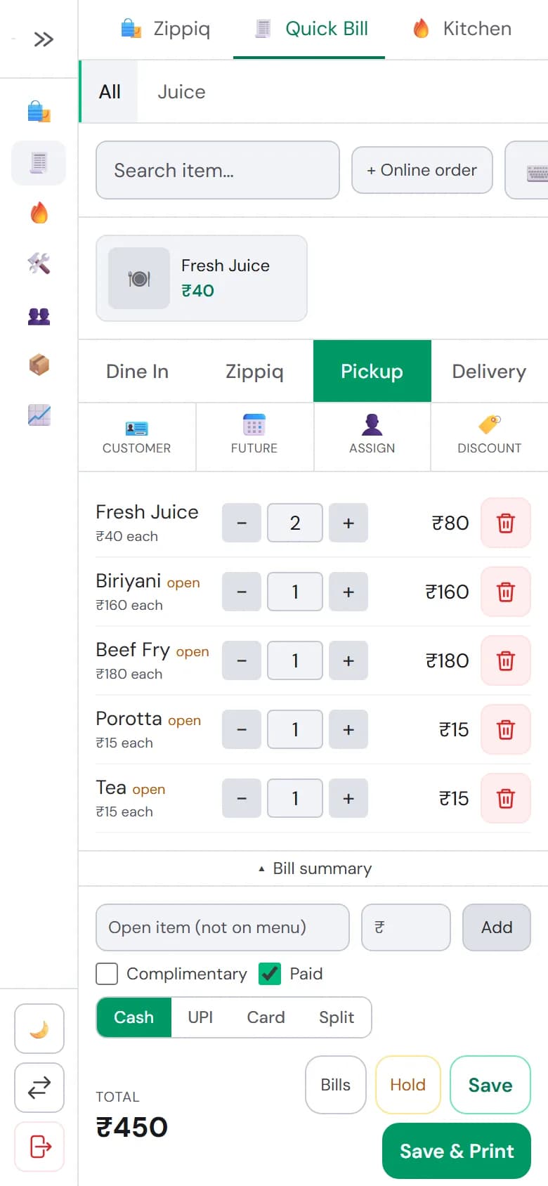 Quick Bill with five items in the cart and cash, UPI or card payment