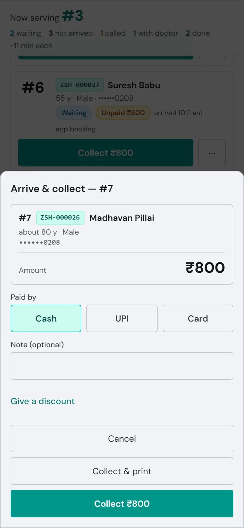 Live OP queue: mark arrival and collect the consultation fee in one step